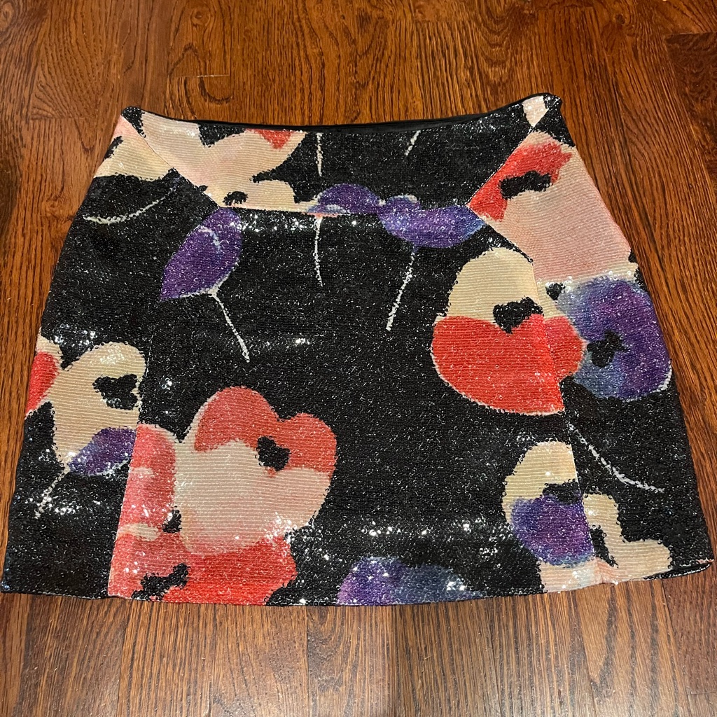 Diane Von Furstenberg Black Sequin Mini Skirt With Red, Purple & Cream Floral
